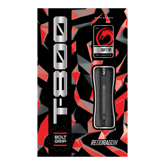 Freccette morbide Red Dragon T-800 - 20 g Hier ist das Produkt "Red Dragon T-800 Softdarts - 20g" abgebildet. Die Verpackung ist in Rot, Schwarz und Silber gestaltet und zeigt einen Softdart mit 90% Tungsten.
