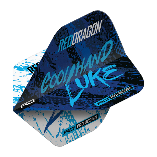 Red Dragon Luke Humphries Campione del mondo Voli standard Blu Bianco Yin Yang Das Bild zeigt ein Dart-Flight im Design "Red Dragon Luke Humphries World Champion Blue White Yin Yang Standard Flights". Auf dem Flight stehen die Worte "Cool Hand Luke" in blauer Schrift auf einem blau-weißen Hintergrund.