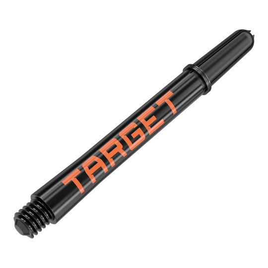 Aste Target Pro Grip TAG - 3 set - Nero Arancione Das Bild zeigt einen schwarzen Dart-Schaft mit orangener Aufschrift "TARGET". Der Schaft hat eine Länge von 48 mm und ist für den Dartsport geeignet.