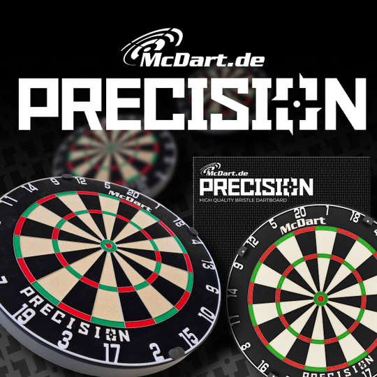 Bersaglio per freccette in acciaio di precisione McDart Das Bild zeigt das Produkt „McDart Precision Steeldartboard“ mit mehreren abgebildeten Dartboards. Im Hintergrund ist der Markenname und das Wort „PRECISION“ groß angezeigt.