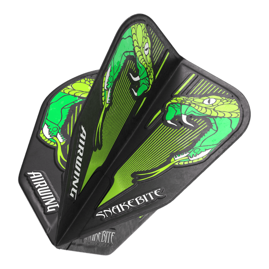 Voli standard Green V di Peter Wright Airwing del Red Dragon Das Bild zeigt die "Red Dragon Airwing Peter Wright Green V-Standard Flights" mit einem grünen Schlangenmuster. Auf den Flights stehen die Wörter "Airwing" und "Snakebite".