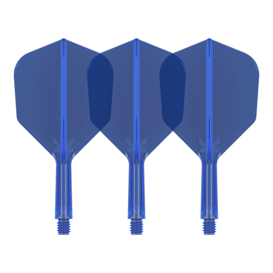 Sistema di volo Target K-Flex No6 - Blu Auf dem Bild sind drei blaue Dartflights zu sehen. Sie stehen nebeneinander und haben eine sechseckige Form.