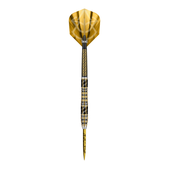 Freccette d'acciaio Shot Alchemy Auro Das Foto zeigt die Shot Alchemy Auro Steeldarts. Die Steeldarts präsentieren sich in einer klaren und hochwertigen Nahaufnahme.