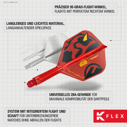 Voli Target Star Wars K-Flex Darth Maul No6 Auf dem Bild sieht man die Target Star Wars K-Flex Darth Maul No6 Flights. Die Dartflights zeigen ein Darth Maul Motiv aus dem Star Wars Universum.