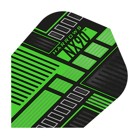 HR49_Harrows_Prime_NX90_Green_No6_Flights_1ro0TifX8aStsG Harrows Prime NX90 Flights gruppiert abgebildet. Die Details der Flights sind betont dargestellt.