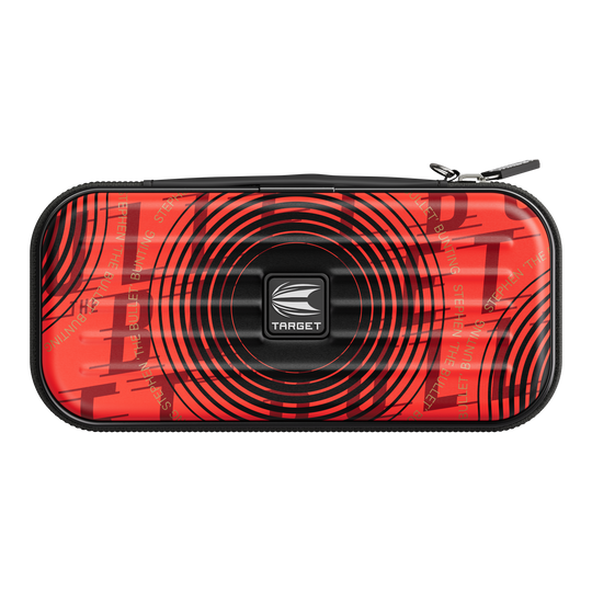 Astuccio per freccette Target Takoma Stephen Bunting Das Bild zeigt das Target Takoma Stephen Bunting Dartcase in einem auffälligen roten Design mit schwarzen Kreisen. In der Mitte befindet sich das Target-Logo und das Etui hat einen Reißverschluss.
