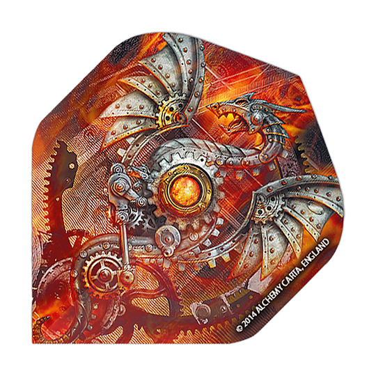 Voli standard del drago tecnico dell'alchimia n. 2 Das Bild zeigt ein Dartflight mit einem mechanischen Drachen-Design in Steampunk-Optik. Die Farben sind überwiegend orange und silber, mit vielen Zahnrädern und Metallstrukturen.