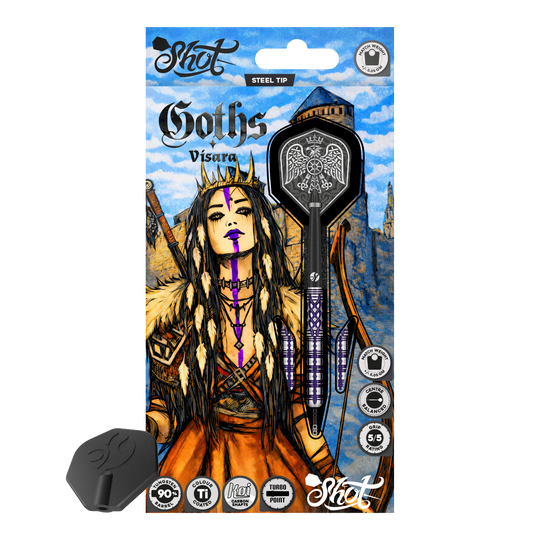 Freccette in acciaio Shot Goths Visara Turbo Point - 23 g Abgebildet sind die Shot Goths Visara Turbo Point Steeldarts mit einem Gewicht von 23 Gramm. Diese hochwertigen Darts bieten ein elegantes Design und eine ausgezeichnete Flugeigenschaft.