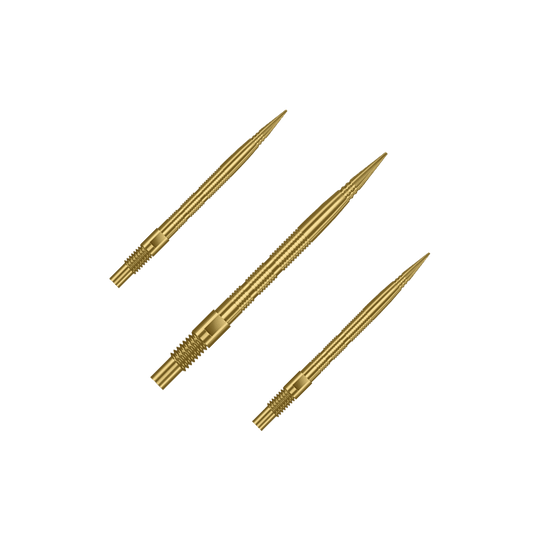 Punte per freccette Harrows Quick Point Micro Ridge - Oro Das Bild zeigt mehrere goldene Dartspitzen. Die Spitzen sind wahrscheinlich vom Typ Harrows Quick Point MicroRidge, 26mm lang.