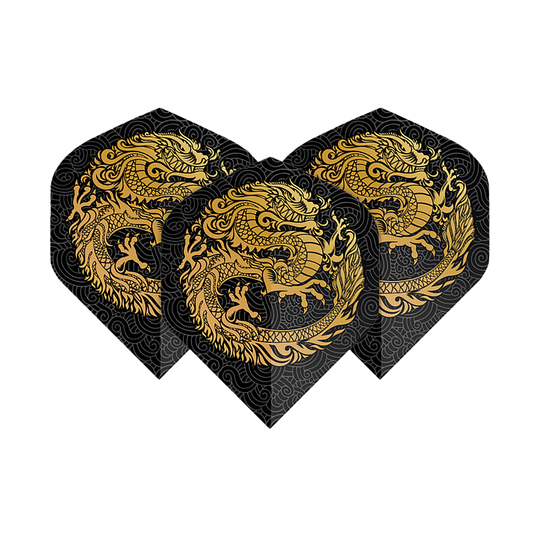 Voli Pentathlon Dragon nero Das Bild zeigt drei Dart-Flights mit einem auffälligen goldenen Drachen-Design auf schwarzem Hintergrund. Die Flights sind vom Typ "Pentathlon Dragon 2 Standard".