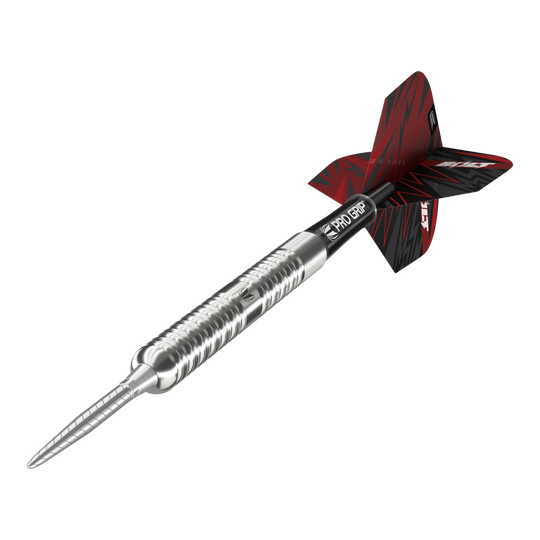 Das Bild zeigt den Target Sebastian Bialecki GEN1 Swiss Point Steeldart mit 22 Gramm Gewicht. Der Dartpfeil hat ein silbernes Metallgehäuse, einen schwarzen Schaft und ein rot-schwarzes Flight-Design.