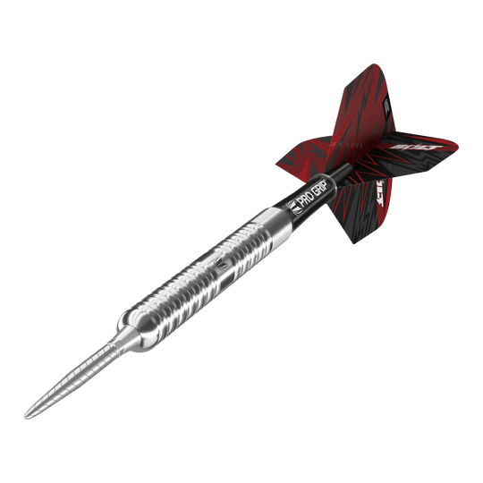 Freccette in acciaio Target Sebastian Bialecki GEN1 Swiss Point - 22 g Das Bild zeigt den Target Sebastian Bialecki GEN1 Swiss Point Steeldart mit 22 Gramm Gewicht. Der Dartpfeil hat ein silbernes Metallgehäuse, einen schwarzen Schaft und ein rot-schwarzes Flight-Design.