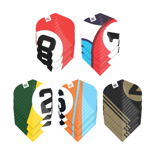 337205_Target_ProUltra_5Sets_Multipack_Chicane_No6_Flights_1 Das Bild zeigt fünf verschiedene Sets von Dart-Flights, jeweils in bunten Farben und mit auffälligen Zahlen bedruckt. Es handelt sich um das Produkt "Target Pro Ultra Chicane Multipack No6 Flights - 5 Sets".