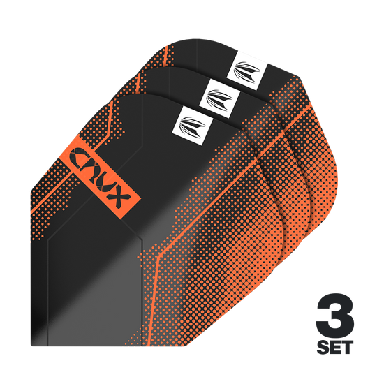 Target Pro Ultra Crux No6 Flights - 3 set - 3 set Das Bild zeigt drei Sätze Target Pro Ultra Crux No6 Flights. Die Flights sind schwarz mit orangefarbenen Akzenten und dem Schriftzug "CRUX".