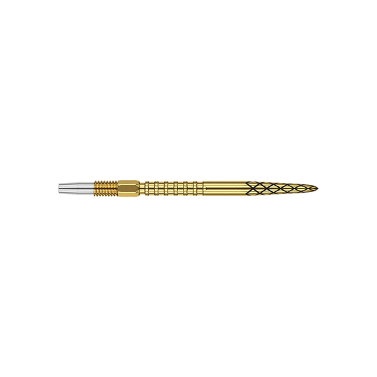 Puntali per freccette Target Swiss DS Surge Point - Oro Das Bild zeigt eine goldfarbene Dartspitze mit einem feinen Rautenmuster. Der hintere Teil der Spitze ist silberfarben und geriffelt.