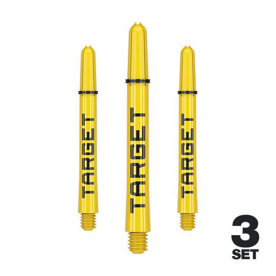 Auf dem Bild sind drei gelbe Dartschäfte der Marke Target zu sehen. Unten rechts steht "3 Set", was auf ein Set aus drei Teilen hinweist.