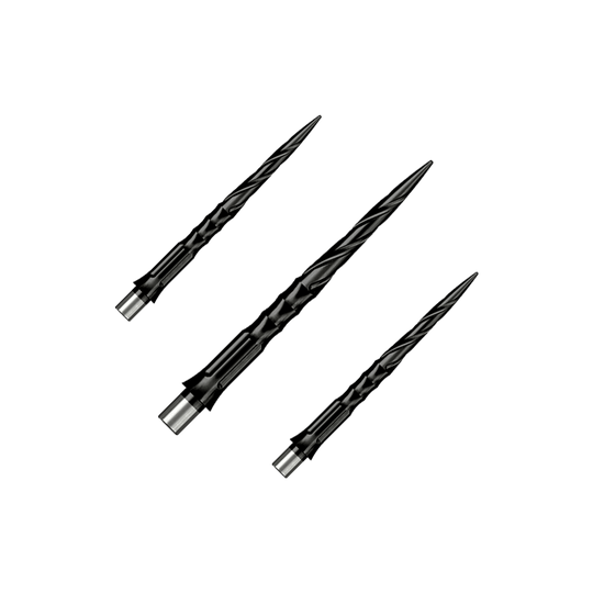 Punte per freccette in acciaio Caliburn System - Spiro - No Lip - Nero Zu sehen ist ein Set von Caliburn Evo System Steeldartspitzen Spiro NoLip Black, 28 mm. Die Spitzen eignen sich für professionelle Steeldartspiele.