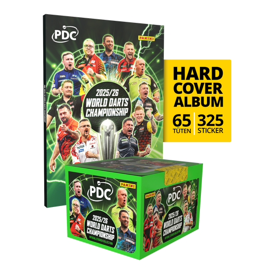 Panini PDC World Darts Championship 2025/26 - Cofanetto con copertina rigida e scatola di adesivi Auf diesem Bild ist das Panini PDC World Darts Championship 2025/26 Hardcover Bundle mit einer Stickerbox zu sehen. Das Bundle enthält ein Hardcover-Sammelalbum und eine Box mit Stickern.