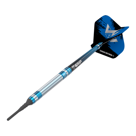 Das Bild zeigt einen Bulls Jermaine Wattimena Generation 3 Softdart mit einem Gewicht von 20g. Der Dart hat ein silbernes und blaues Design mit schwarzem Flight.