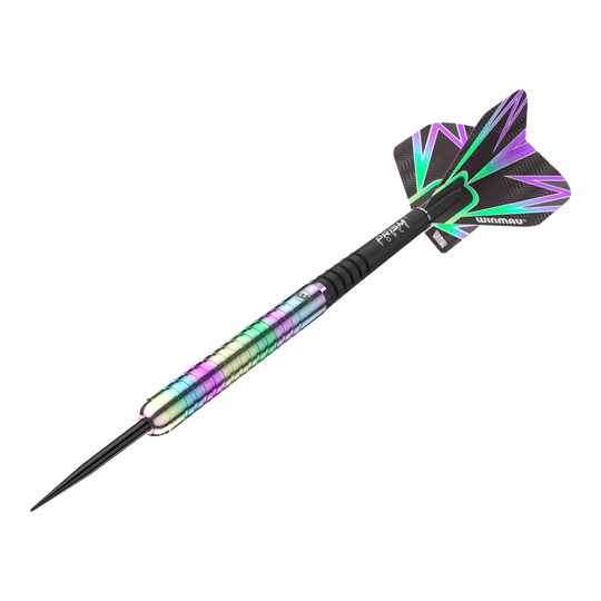 Freccette in acciaio Winmau Foxfire Urban Das Bild zeigt einen Winmau Foxfire Urban Steeldart mit einem bunten, metallischen Schaft. Die Flights sind schwarz mit auffälligen, farbigen Mustern.
