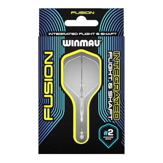 Sistema di alberi di volo Winmau Fusion standard trasparente Auf dem Bild ist ein Winmau Fusion Flight & Shaft System in einer Verpackung zu sehen. Das Produkt ist durchsichtig und hat die Standardform #2.