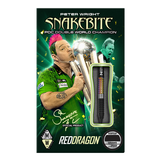 Freccette morbide Red Dragon Peter Wright Corra - 18 g Auf der Verpackung ist der Dartspieler Peter Wright mit einer Trophäe abgebildet. Das Produkt sind die "Red Dragon Peter Wright Corra Softdarts - 18g" mit Softspitze.
