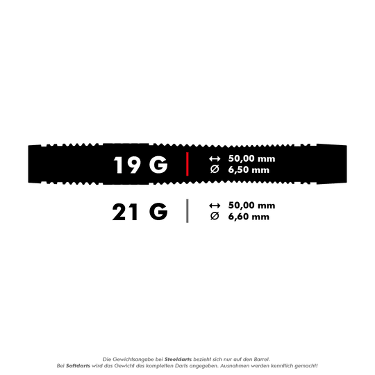 Target per mirino 11 freccette morbide Das Bild zeigt Spezifikationen für Darts mit einem Gewicht von 19 Gramm und 21 Gramm. Die Darts sind jeweils 50,00 mm lang und haben einen Durchmesser von 6,50 mm bzw. 6,60 mm.