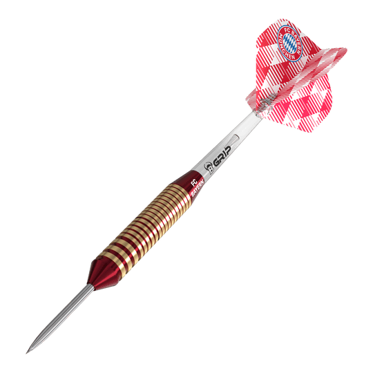 Hier sieht man die Bulls FC Bayern München Brass Steeldarts mit einem Gewicht von 21g. Sie sind für Steeldart geeignet und mit FC Bayern München Design gestaltet.