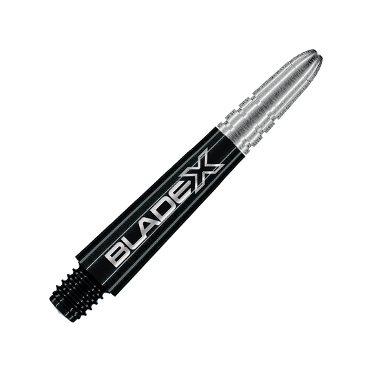 Winmau Vecta Blade X Shafts - Nero Dargestellt ist ein schwarzer Dartshaft mit dem Namen Winmau Vecta Blade X, 34 mm. Dieses Objekt ist für die Verwendung mit Dartpfeilen gedacht.