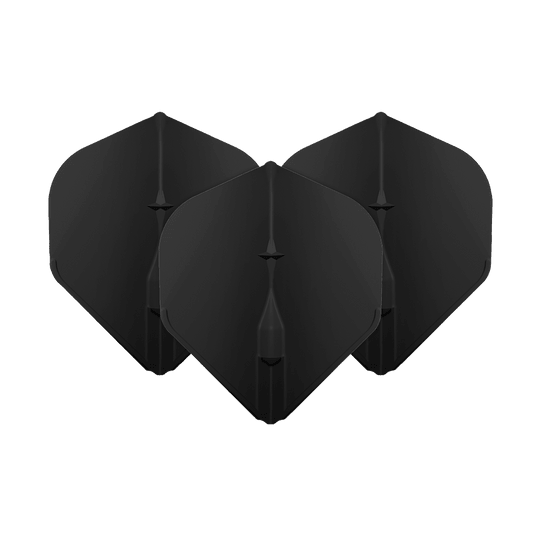 Voli standard L-Style Champagne L1EZ Das Bild zeigt drei schwarze L-Style Champagne L1EZ Standard Flights. Diese Flights sind für Dartpfeile geeignet und haben eine klassische Standardform.