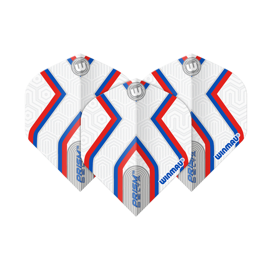 Voli standard Winmau Prism Delta Epix No2 Das Bild zeigt drei Dartflights des Produkts "Winmau Prism Delta Epix No2 Standard Flights". Die Flights sind weiß mit roten und blauen Streifen sowie geometrischem Muster gestaltet.