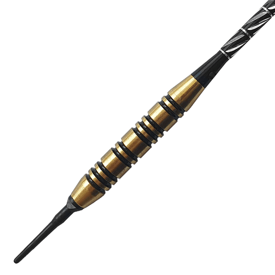 8006_Golden_Green_Softdarts_2 Das Bild zeigt einen Softdart mit einem goldenen und schwarzen Griff. Der Pfeil wiegt 18 Gramm und gehört zum Produkt „Golden Green Softdarts“.
