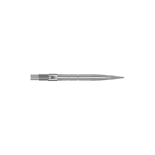 Punte per freccette Harrows Quick Point Micro Ridge - Argento Das Bild zeigt Dartspitzen mit MicroRidge Struktur in Silber mit einer Länge von 26 mm. Die Dartspitzen sind nebeneinander angeordnet.