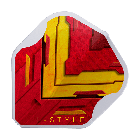 Das Bild zeigt ein Dart-Flight mit einem Design in den Farben Rot und Gelb. Am unteren Rand steht in gelber Schrift "L-STYLE".