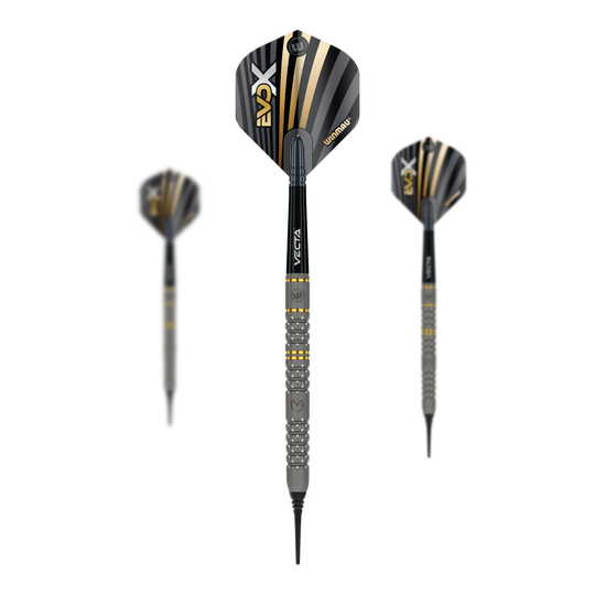 Freccette morbide Winmau Michael Van Gerwen Evo-X - 20g Das Bild zeigt drei Winmau Michael Van Gerwen Evo-X Softdarts mit einem Gewicht von 20g. Die Darts haben ein modernes Design mit schwarzen, goldenen und silbernen Akzenten.