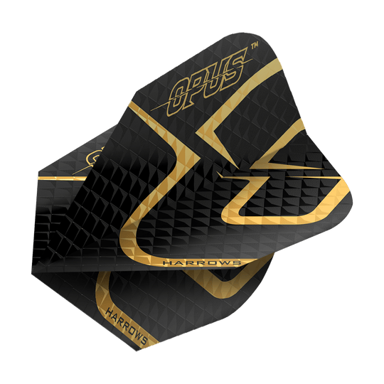Voli della versione 2 dell'Opus di Harrow Das Bild zeigt das Produkt "Harrows Opus Version 2 Flights". Die Flights sind überwiegend schwarz mit goldenen Akzenten und Aufschrift.