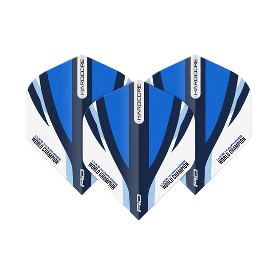 Red Dragon Hardcore Luke Humphries Voli Standard Blu Bianco Das Bild zeigt drei Dartflights in Blau, Weiß und Schwarz mit der Aufschrift „HARDCORE“ und „Luke Humphries World Champion“. Es handelt sich um das Produkt „Red Dragon Hardcore Luke Humphries Blue White Standard Flights“.