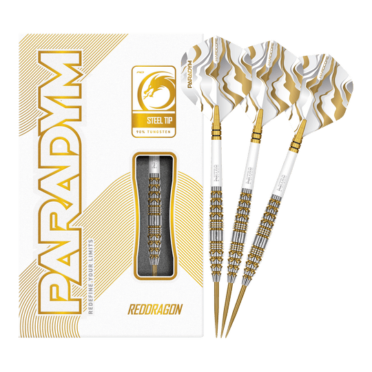 Das Bild zeigt die Red Dragon Paradym Gold Torpedo Steeldarts in vollständiger Ansicht. Es sind elegante Steeldarts mit goldener Oberfläche.