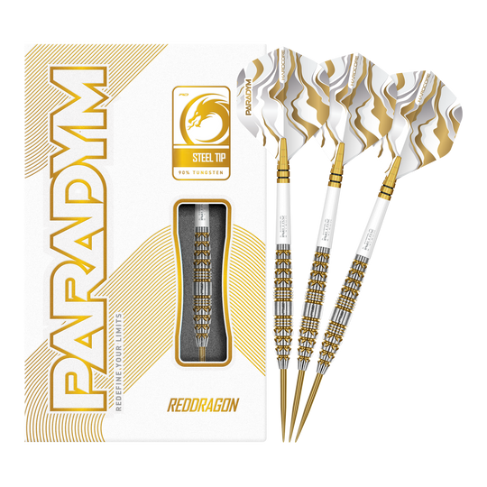 Freccette in acciaio Red Dragon Paradym Gold Torpedo Das Bild zeigt die Red Dragon Paradym Gold Torpedo Steeldarts in vollständiger Ansicht. Es sind elegante Steeldarts mit goldener Oberfläche.