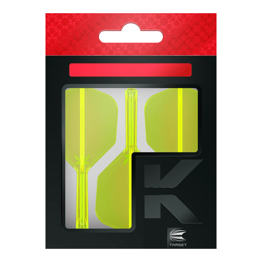 Target K-Flex No6 Flight System - Giallo Neon Die Abbildung zeigt eine Verpackung mit neon-gelben Dartflights. Die Verpackung ist überwiegend schwarz mit einem roten Bereich oben und dem Logo „TARGET“ unten rechts.