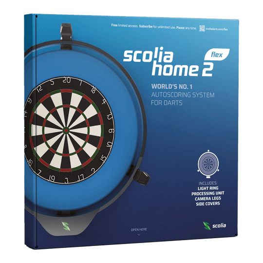 Scolia Home 2 FLEX - Sistema di punteggio automatico elettronico con anello luminoso 2026 Die Verpackung zeigt das Produkt "Scolia Home 2 FLEX", ein elektronisches Punktesystem für Darts mit Beleuchtungsring. Auf der Vorderseite sind eine Abbildung eines Dartboards und Informationen zu den enthaltenen Komponenten zu sehen.