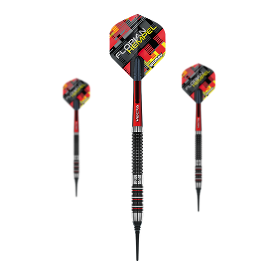 Freccette morbide Winmau Florian Hempel - 21g Das Bild zeigt drei Winmau Florian Hempel Softdarts mit einem Gewicht von 21g. Die Darts haben rote, schwarze und silberne Details sowie ein auffälliges Flights-Design.