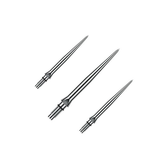 Abgebildet ist ein Set von glatten silbernen Steeldartspitzen. Diese Spitzen sind vermutlich 26 mm lang.