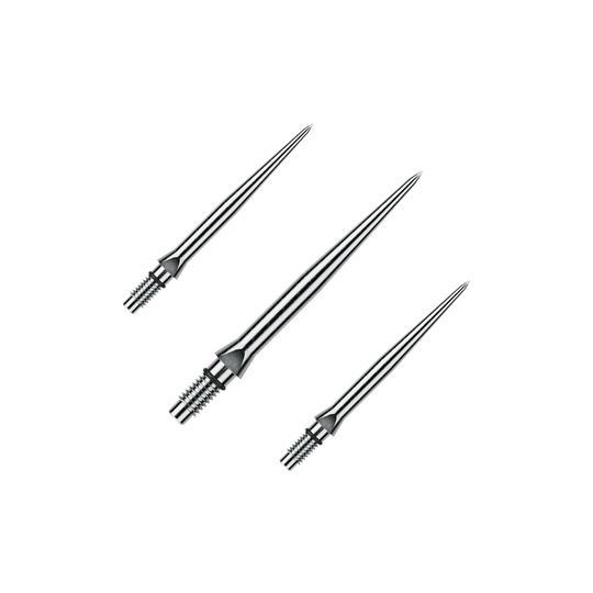 Winmau Switch Point Punte per freccette in acciaio liscio - Effetto argento Abgebildet ist ein Set von glatten silbernen Steeldartspitzen. Diese Spitzen sind vermutlich 26 mm lang.