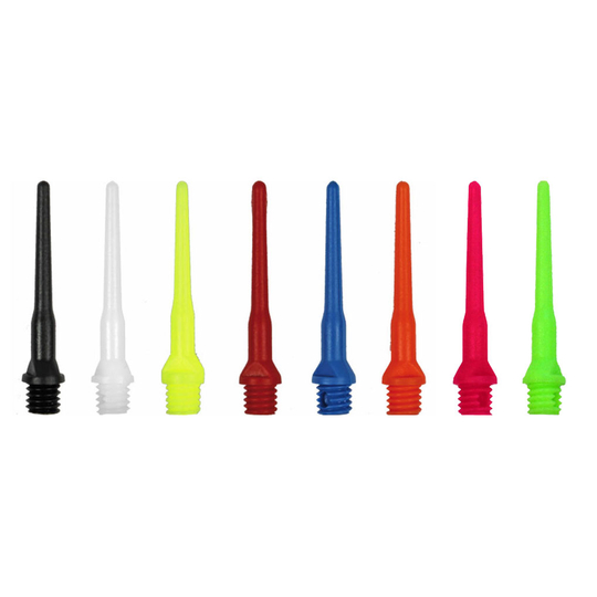 820_835520b7edc33223 Das Bild zeigt verschiedene bunte Tuflex Spitzen in einer Reihe. Jede Spitze hat eine andere Farbe und sie sind alle aus Kunststoff gefertigt.