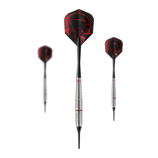 Freccette morbide Harrows Rage Das Bild zeigt drei Harrows Rage Softdarts mit silbernen Schäften und roten Akzenten. Die Flights sind schwarz mit einem roten Totenkopf-Design und dem Schriftzug "Harrows".