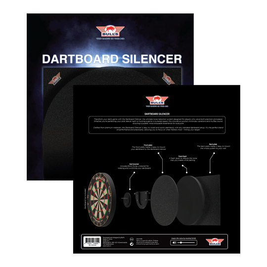 Silenziatore per bersaglio da freccette Bulls NL Das Bild zeigt das Produkt "Bulls NL Dartboard Silencer" in seiner Verpackung. Auf der Rückseite ist eine Grafik abgebildet, die die einzelnen Komponenten und deren Funktionen erklärt.
