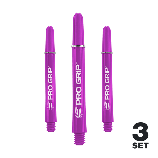 Target Pro Grip Shafts - 3 set - Viola Das Bild zeigt drei lila Dartschäfte der Marke "Pro Grip". In der rechten unteren Ecke steht "3 Set".