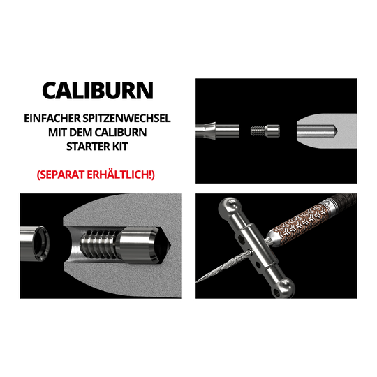 Punte Caliburn System Steeldart - Ripple - NoLip - Nere Das Bild zeigt die Caliburn System Steeldartspitzen - Ripple - NoLip in Schwarz mit verschiedenen technischen Nahaufnahmen. Es werden die einzelnen Komponenten und der Aufbau der Dartspitzen detailliert dargestellt.