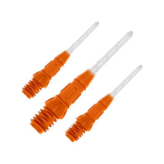 L-Style Premium Two Tone Lippoints (confezione da 30) Das Bild zeigt drei orange-weiße Dartspitzen in einer Reihe. Die Spitzen sind zum Teil orange und werden nach vorne hin durchsichtig.